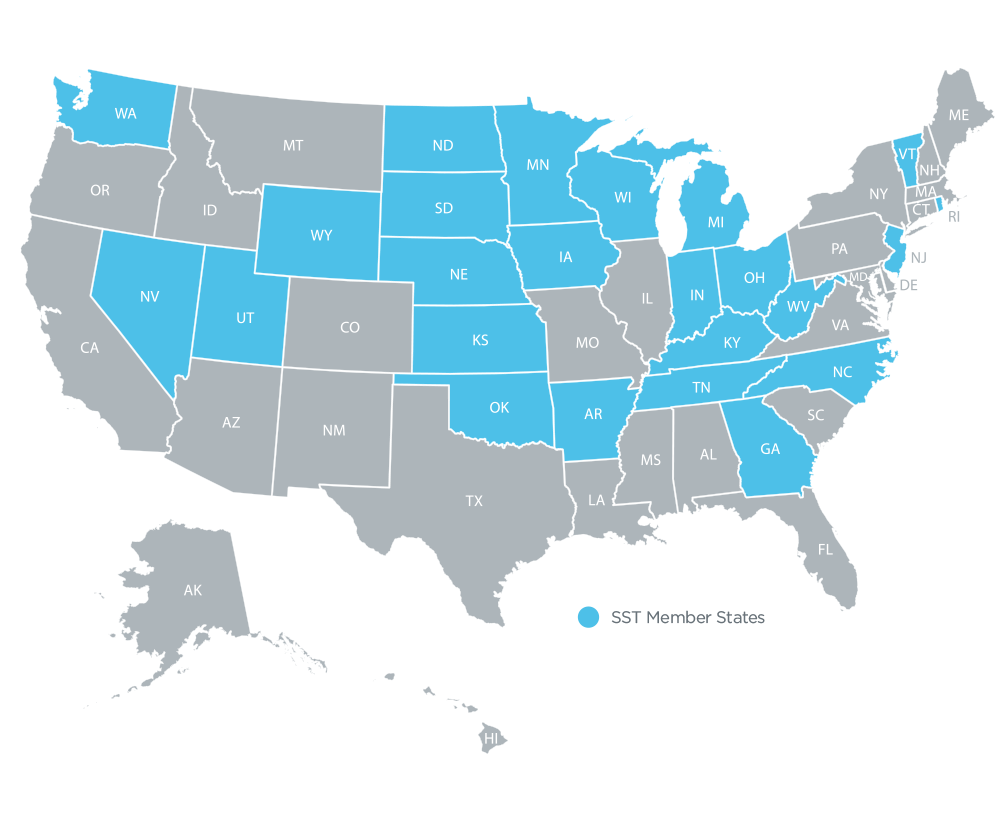 US map detailing the states that are members of the streamlined sales and use tax agreement